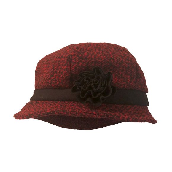 Bell / Cloche women's winter hat in red and black with black band & black flower - Picture 3 of 6